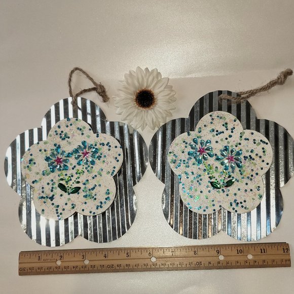 Other - Blue Flower Shaped Gems on Metal Wall Hangings  Set of 2